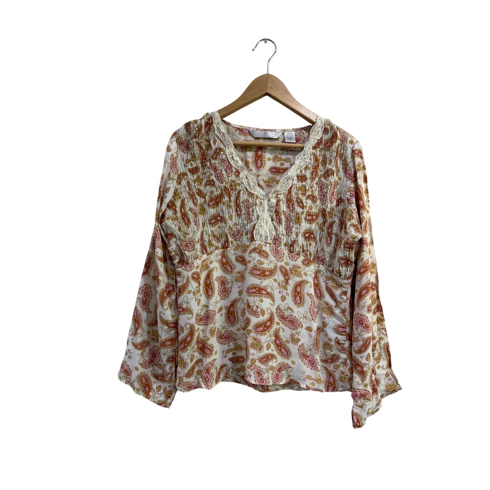 Y2K ALC Last Classics Paisley Fairycore Smocked Lace V-Neck Bell Sleeve Blouse M